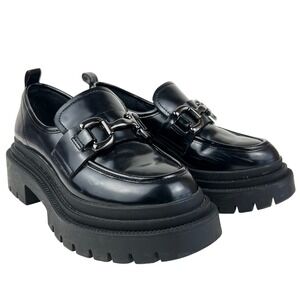 Madden Girl Womens Black Patent Loafer Chunky Platform Buckle Shoes Size 7